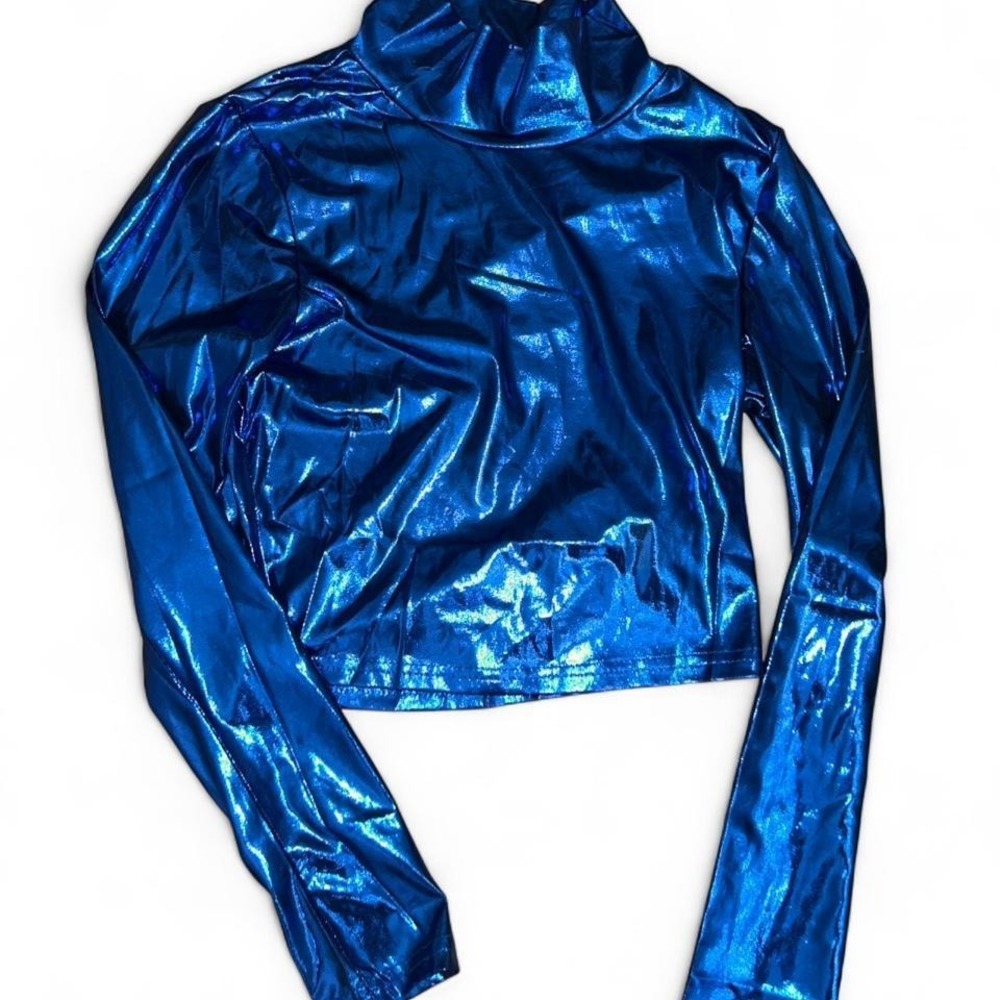 SHEIN Metallic Blue Long Sleeve Crop Top Turtleneck Liquid Shine Rave Festival M